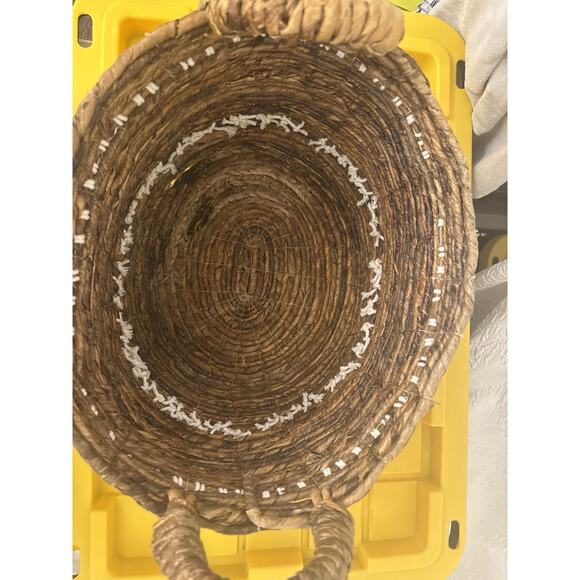 Brown Woven Basket White Knit Boho Bohemian Handles Home Decor Storage - Picture 2 of 8